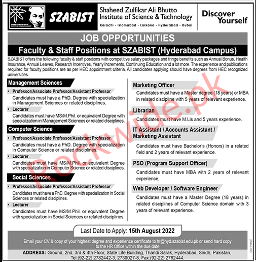 Shaheed Zulfkar Ali Bhutto Institute of Science And Technology Jobs in Hyderabad